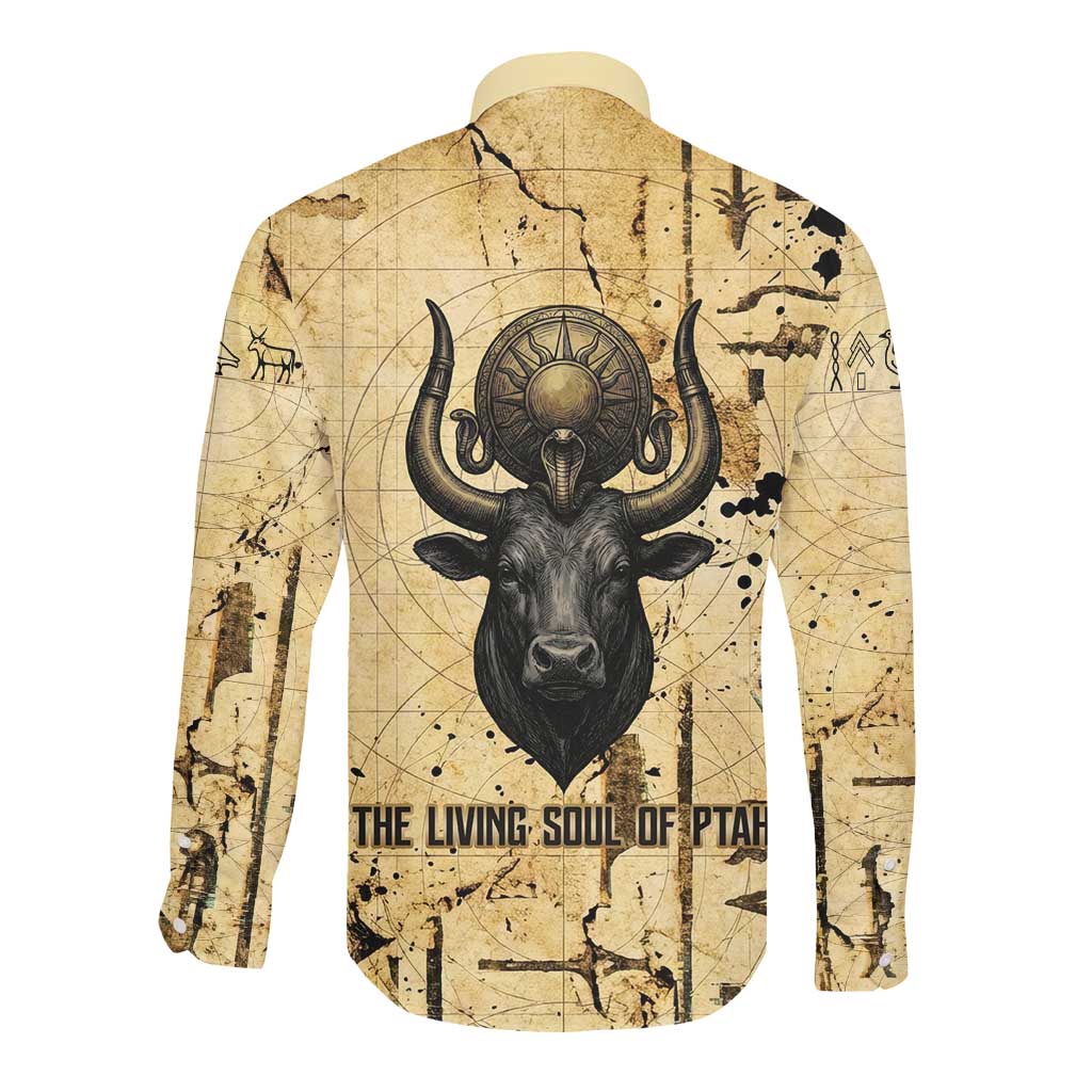 Apis Long Sleeve Button Shirt Ancient Egyptian Papyrus Map, Egyptian Crown Bull Illustration - African Pride