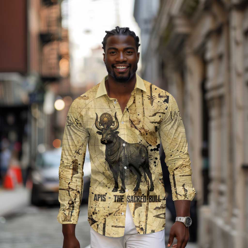 Apis Long Sleeve Button Shirt Ancient Egyptian Papyrus Map, Egyptian Crown Bull Illustration - African Pride