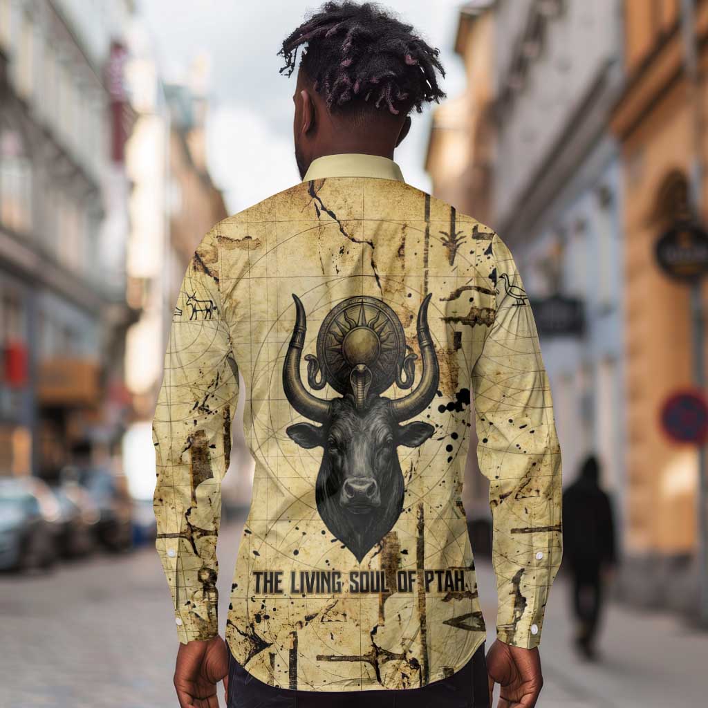 Apis Long Sleeve Button Shirt Ancient Egyptian Papyrus Map, Egyptian Crown Bull Illustration - African Pride