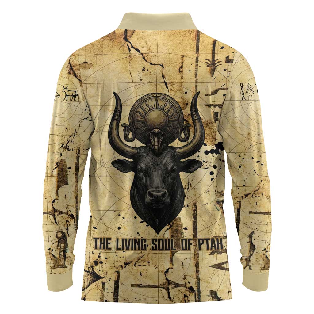 Apis Long Sleeve Polo Shirt Ancient Egyptian Papyrus Map, Egyptian Crown Bull Illustration - African Pride