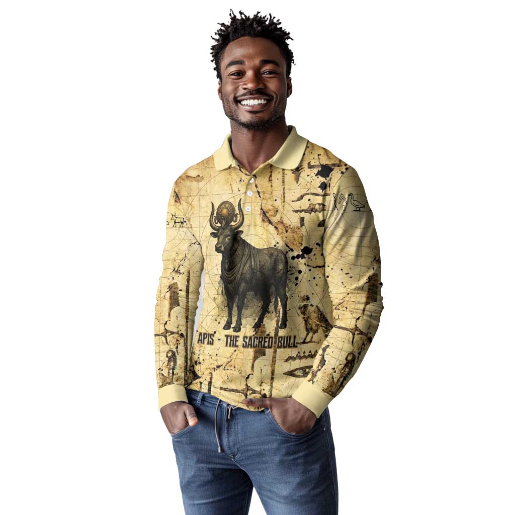 Apis Long Sleeve Polo Shirt Ancient Egyptian Papyrus Map, Egyptian Crown Bull Illustration - African Pride