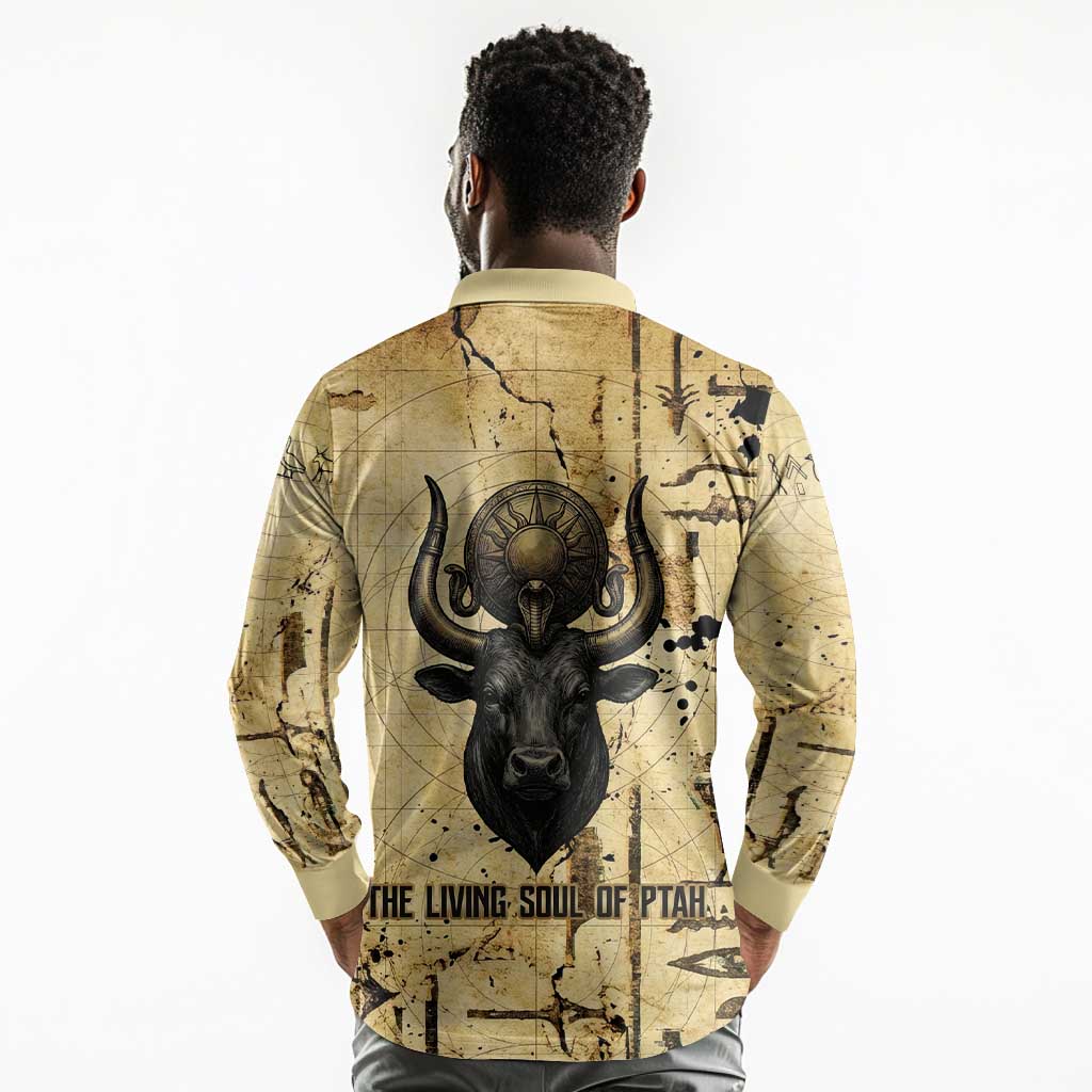 Apis Long Sleeve Polo Shirt Ancient Egyptian Papyrus Map, Egyptian Crown Bull Illustration - African Pride