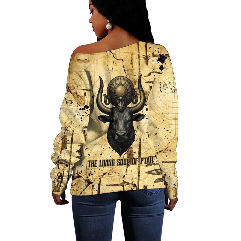 Apis Off Shoulder Sweater Ancient Egyptian Papyrus Map, Egyptian Crown Bull Illustration - African Pride