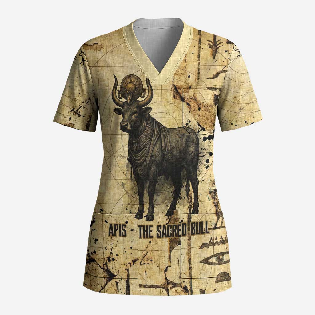 Apis Scrub Top Ancient Egyptian Papyrus Map, Egyptian Crown Bull Illustration - African Pride