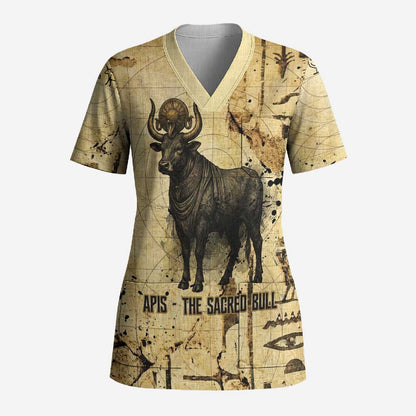 Apis Scrub Top Ancient Egyptian Papyrus Map, Egyptian Crown Bull Illustration - African Pride