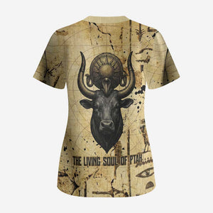 Apis Scrub Top Ancient Egyptian Papyrus Map, Egyptian Crown Bull Illustration - African Pride