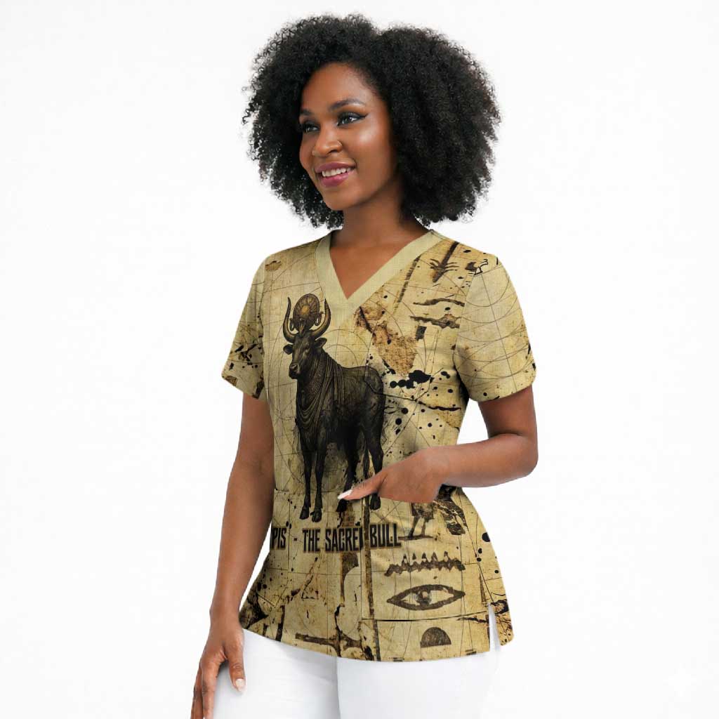 Apis Scrub Top Ancient Egyptian Papyrus Map, Egyptian Crown Bull Illustration - African Pride