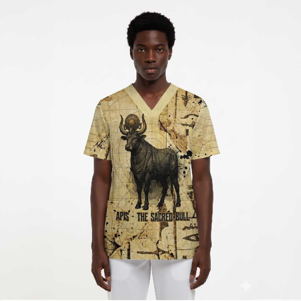 Apis Scrub Top Ancient Egyptian Papyrus Map, Egyptian Crown Bull Illustration - African Pride