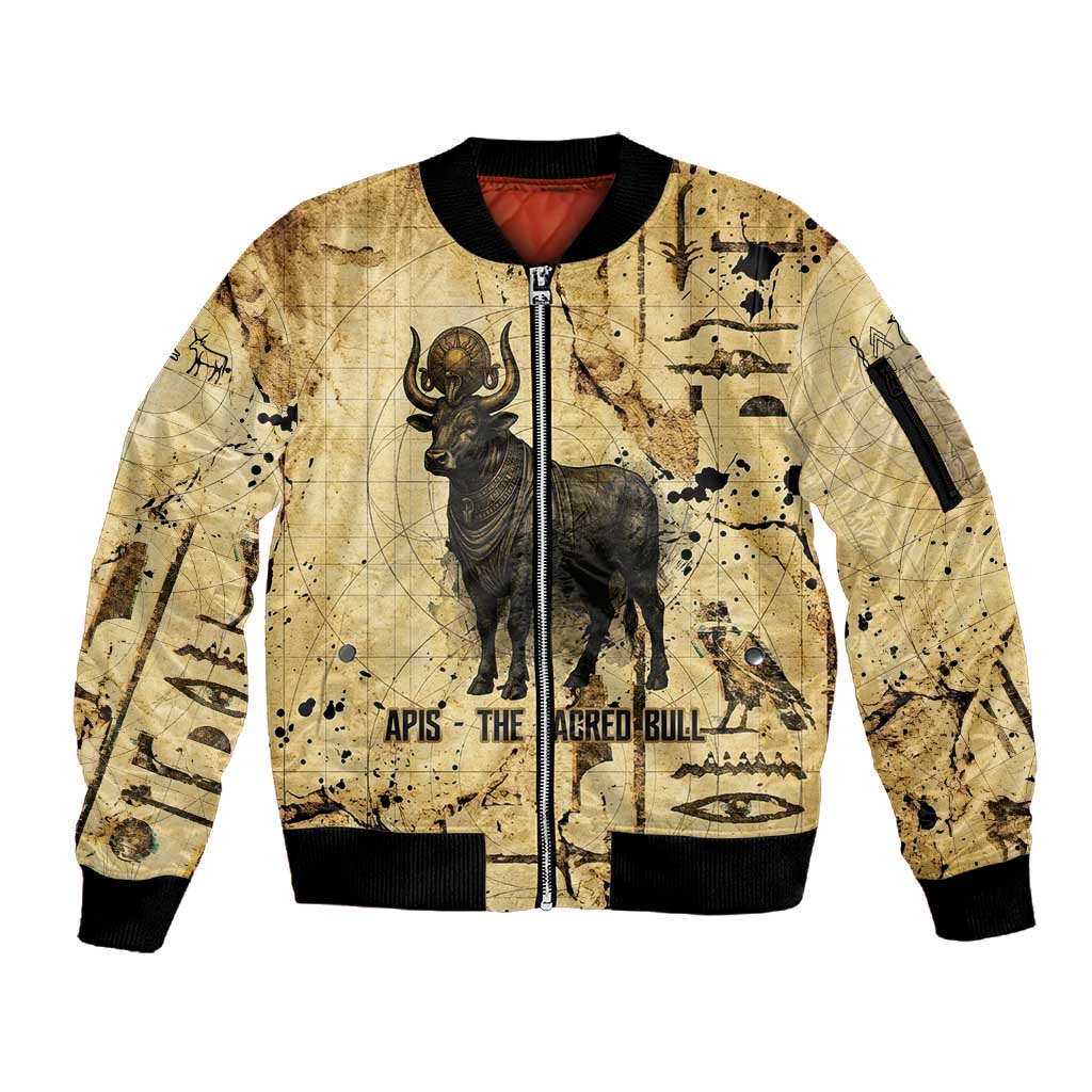 Apis Sleeve Zip Bomber Jacket Ancient Egyptian Papyrus Map, Egyptian Crown Bull Illustration - African Pride