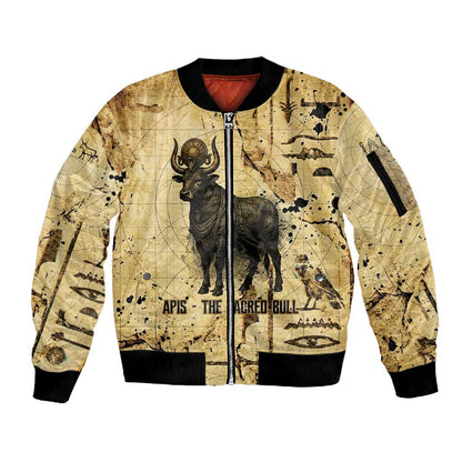 Apis Sleeve Zip Bomber Jacket Ancient Egyptian Papyrus Map, Egyptian Crown Bull Illustration - African Pride