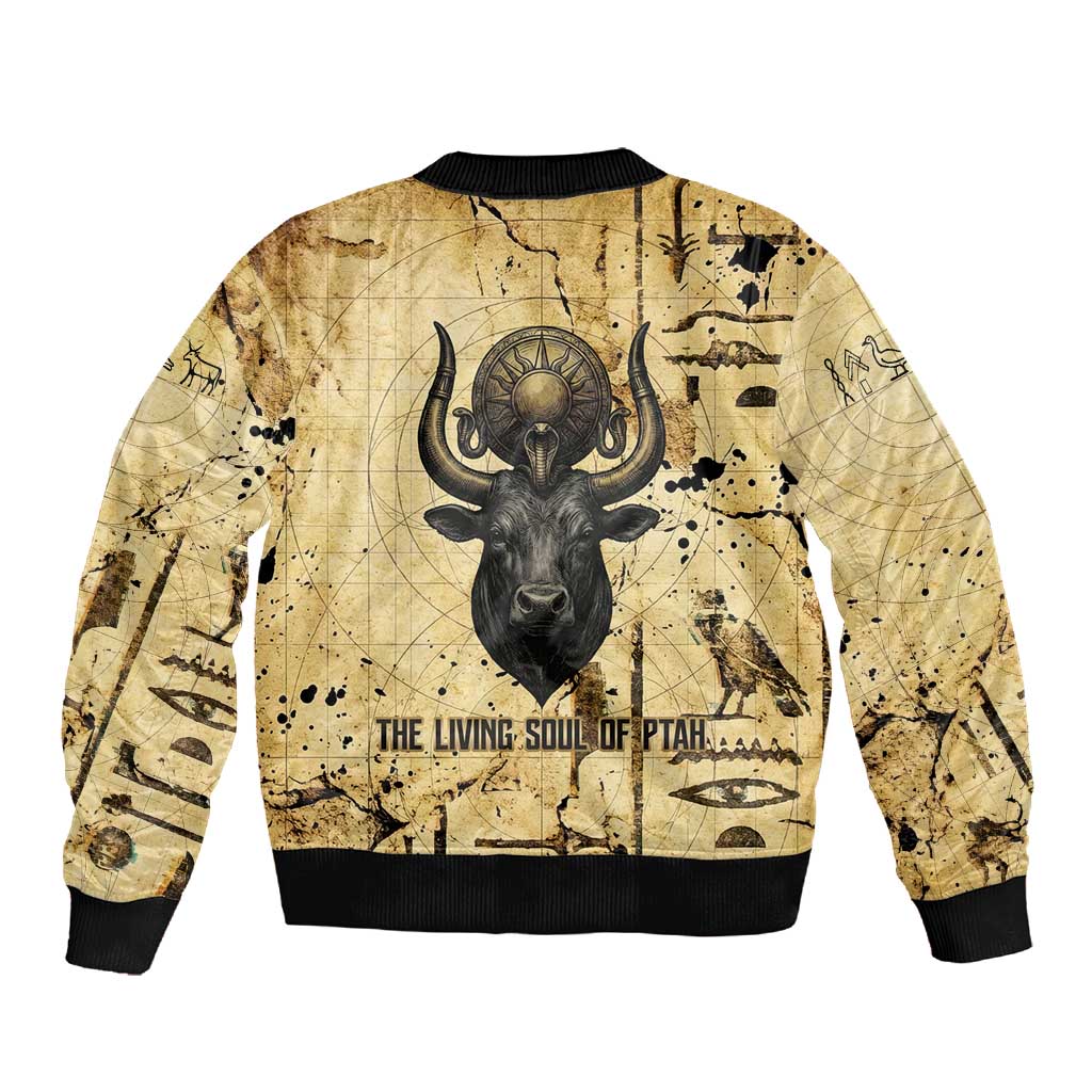 Apis Sleeve Zip Bomber Jacket Ancient Egyptian Papyrus Map, Egyptian Crown Bull Illustration - African Pride