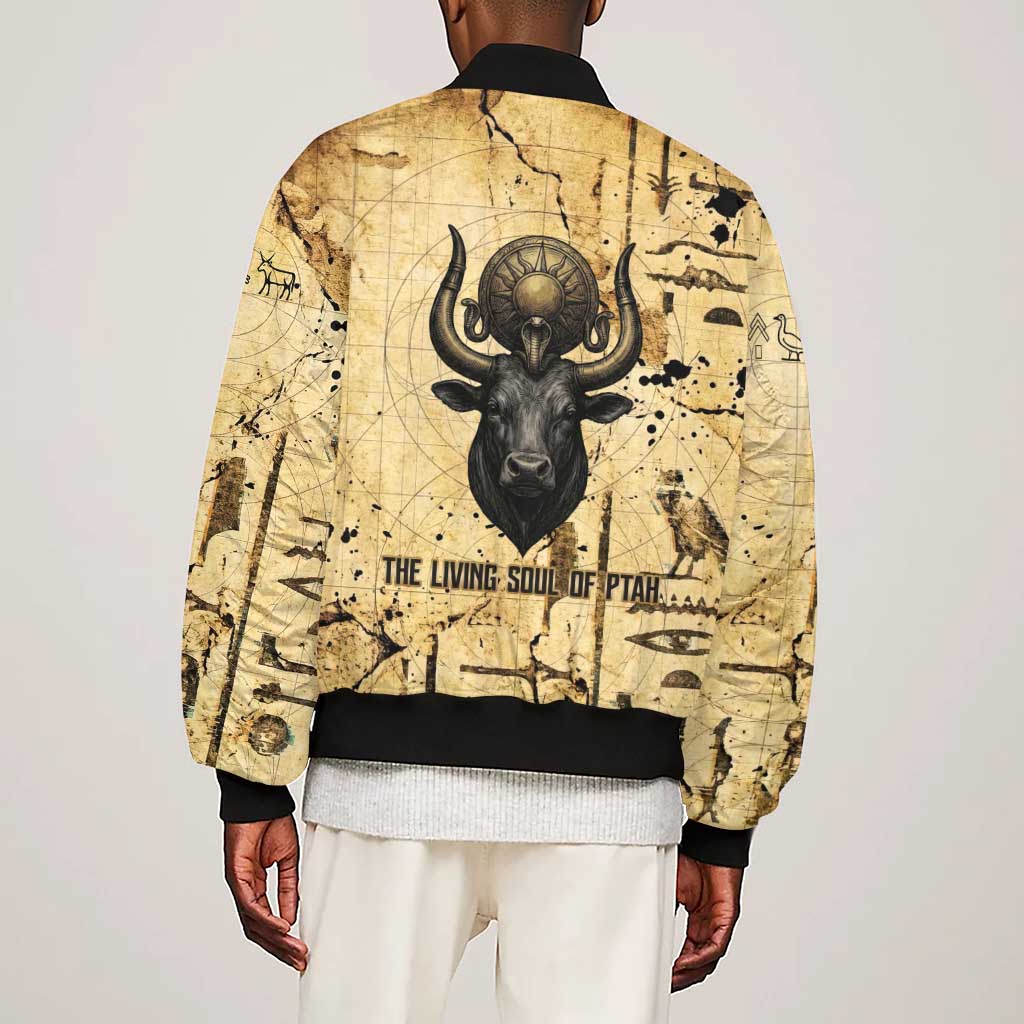 Apis Sleeve Zip Bomber Jacket Ancient Egyptian Papyrus Map, Egyptian Crown Bull Illustration - African Pride