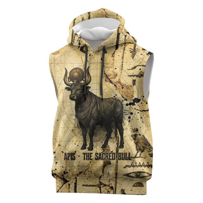 Apis Sleeveless Hoodie Ancient Egyptian Papyrus Map, Egyptian Crown Bull Illustration - African Pride