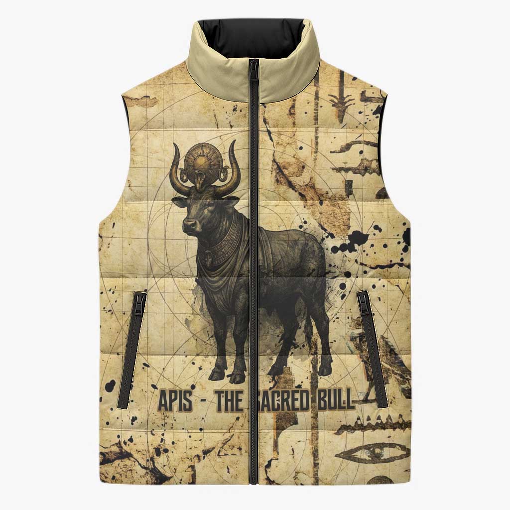 Apis Sleeveless Puffer Jacket Ancient Egyptian Papyrus Map, Egyptian Crown Bull Illustration - African Pride