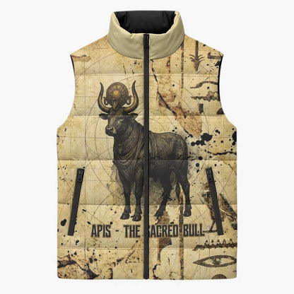 Apis Sleeveless Puffer Jacket Ancient Egyptian Papyrus Map, Egyptian Crown Bull Illustration - African Pride