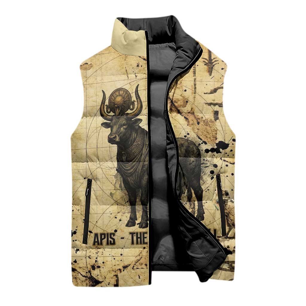 Apis Sleeveless Puffer Jacket Ancient Egyptian Papyrus Map, Egyptian Crown Bull Illustration - African Pride