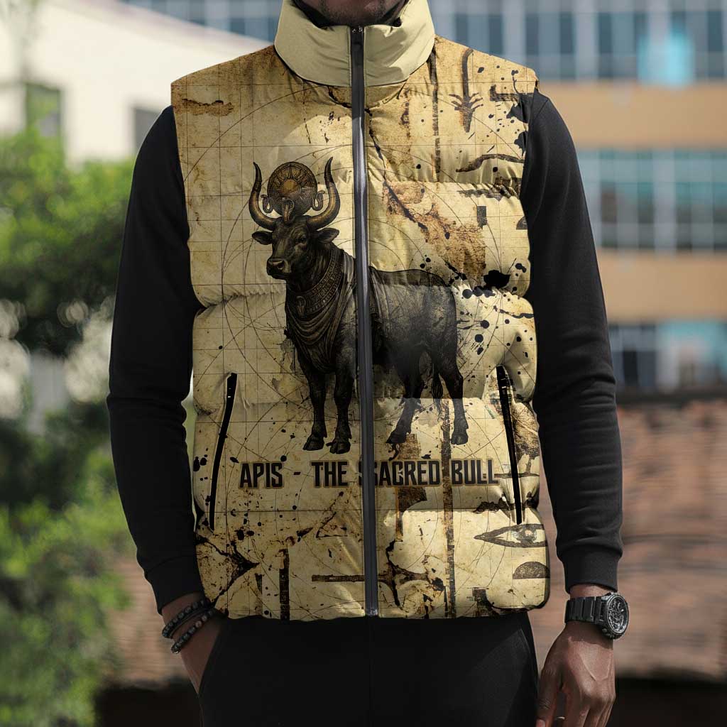 Apis Sleeveless Puffer Jacket Ancient Egyptian Papyrus Map, Egyptian Crown Bull Illustration - African Pride