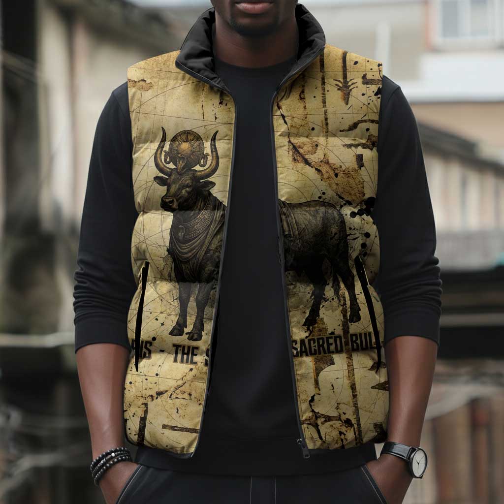 Apis Sleeveless Puffer Jacket Ancient Egyptian Papyrus Map, Egyptian Crown Bull Illustration - African Pride