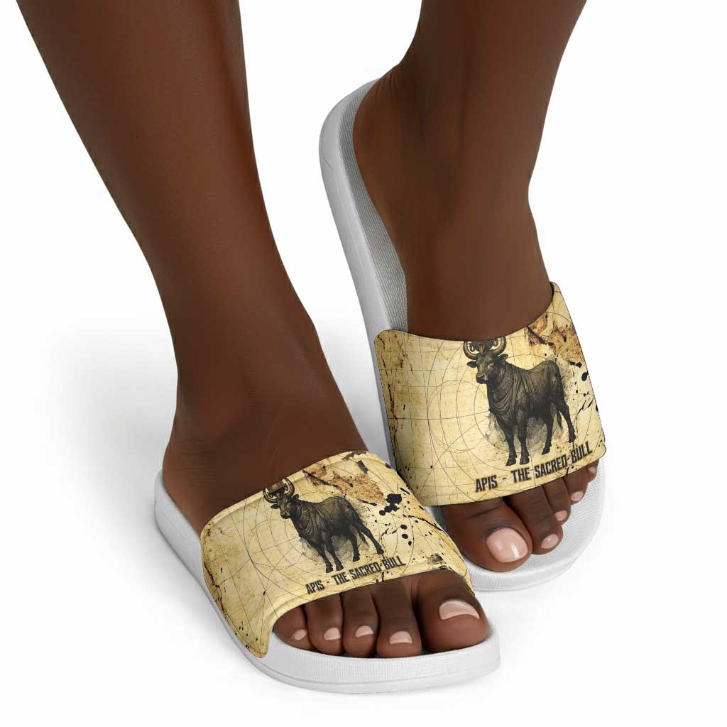 Apis Slide Sandals Ancient Egyptian Papyrus Map, Egyptian Crown Bull Illustration - African Pride