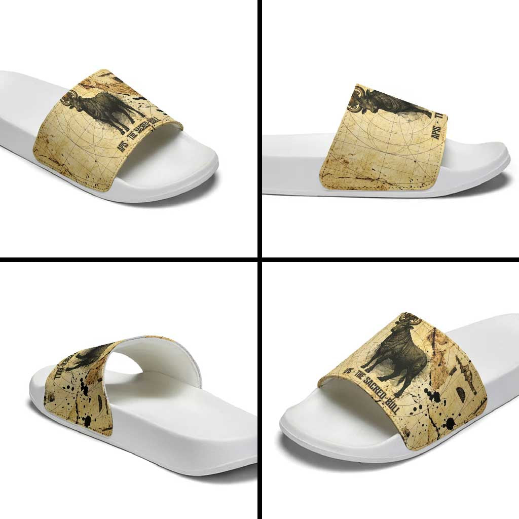 Apis Slide Sandals Ancient Egyptian Papyrus Map, Egyptian Crown Bull Illustration - African Pride