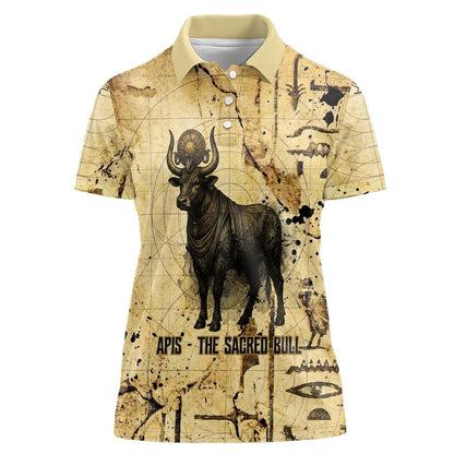 Apis Women Polo Shirt Ancient Egyptian Papyrus Map, Egyptian Crown Bull Illustration - African Pride