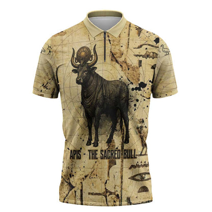 Apis Zipper Polo Shirt Ancient Egyptian Papyrus Map, Egyptian Crown Bull Illustration - African Pride