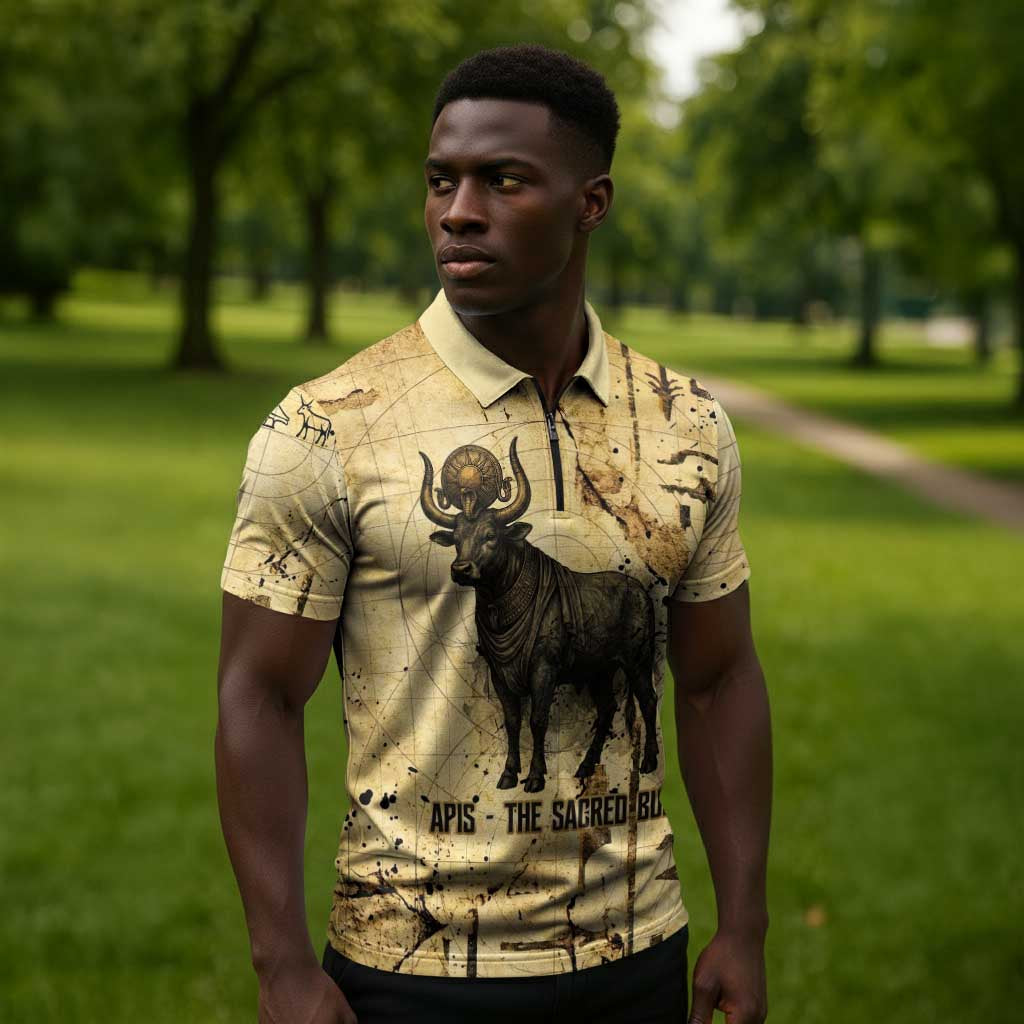 Apis Zipper Polo Shirt Ancient Egyptian Papyrus Map, Egyptian Crown Bull Illustration - African Pride