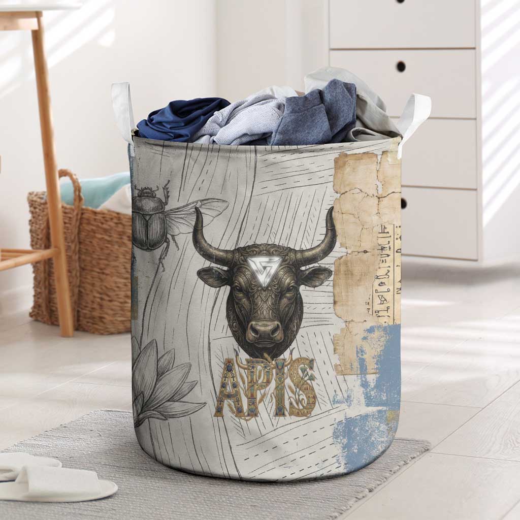 Apis Ancient Egyptian Laundry Basket with Beige-Gray Hieroglyphic, Ornate Bull Head, and Gold-Blue Typography - African Pride