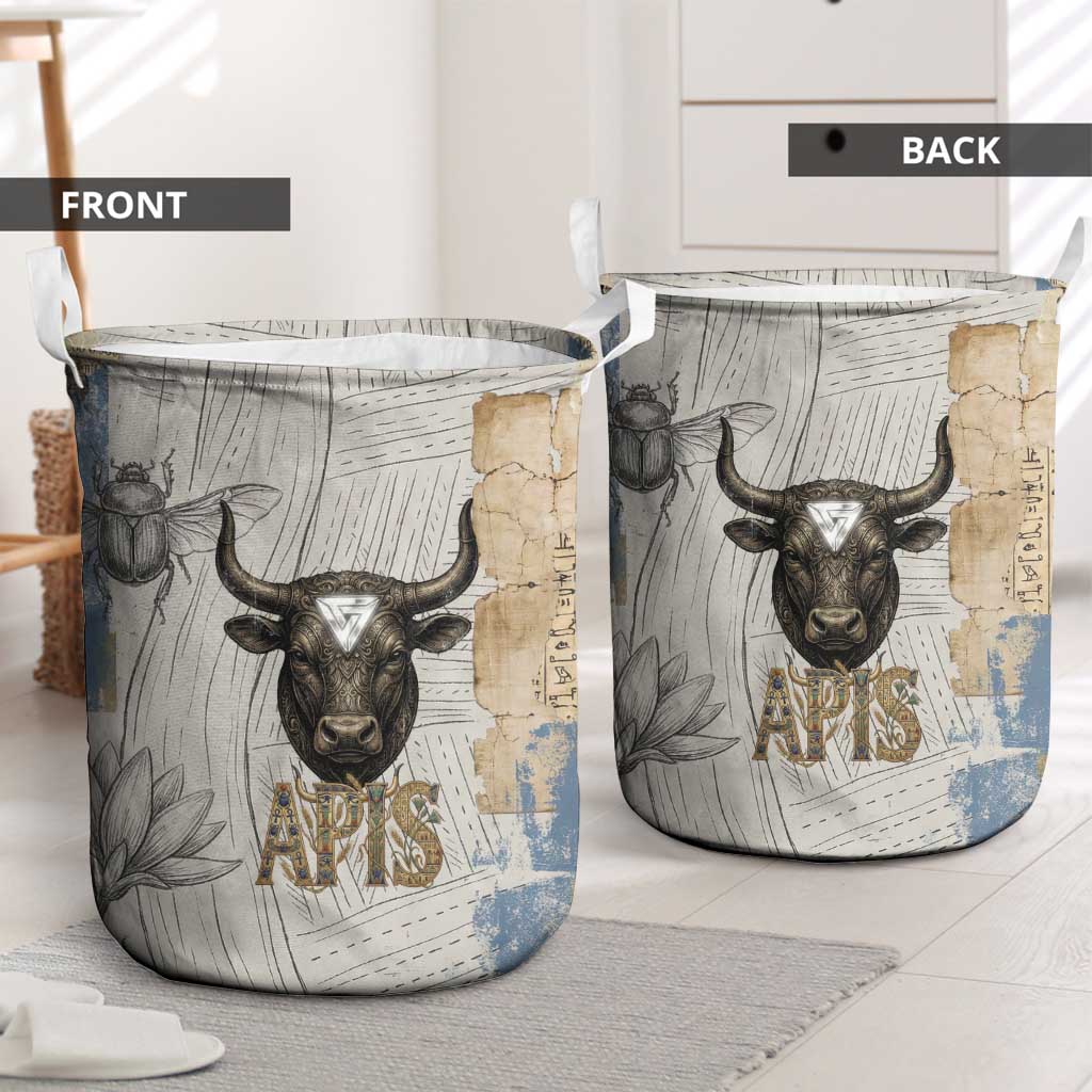 Apis Ancient Egyptian Laundry Basket with Beige-Gray Hieroglyphic, Ornate Bull Head, and Gold-Blue Typography - African Pride