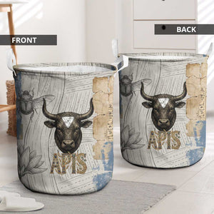 Apis Ancient Egyptian Laundry Basket with Beige-Gray Hieroglyphic, Ornate Bull Head, and Gold-Blue Typography - African Pride