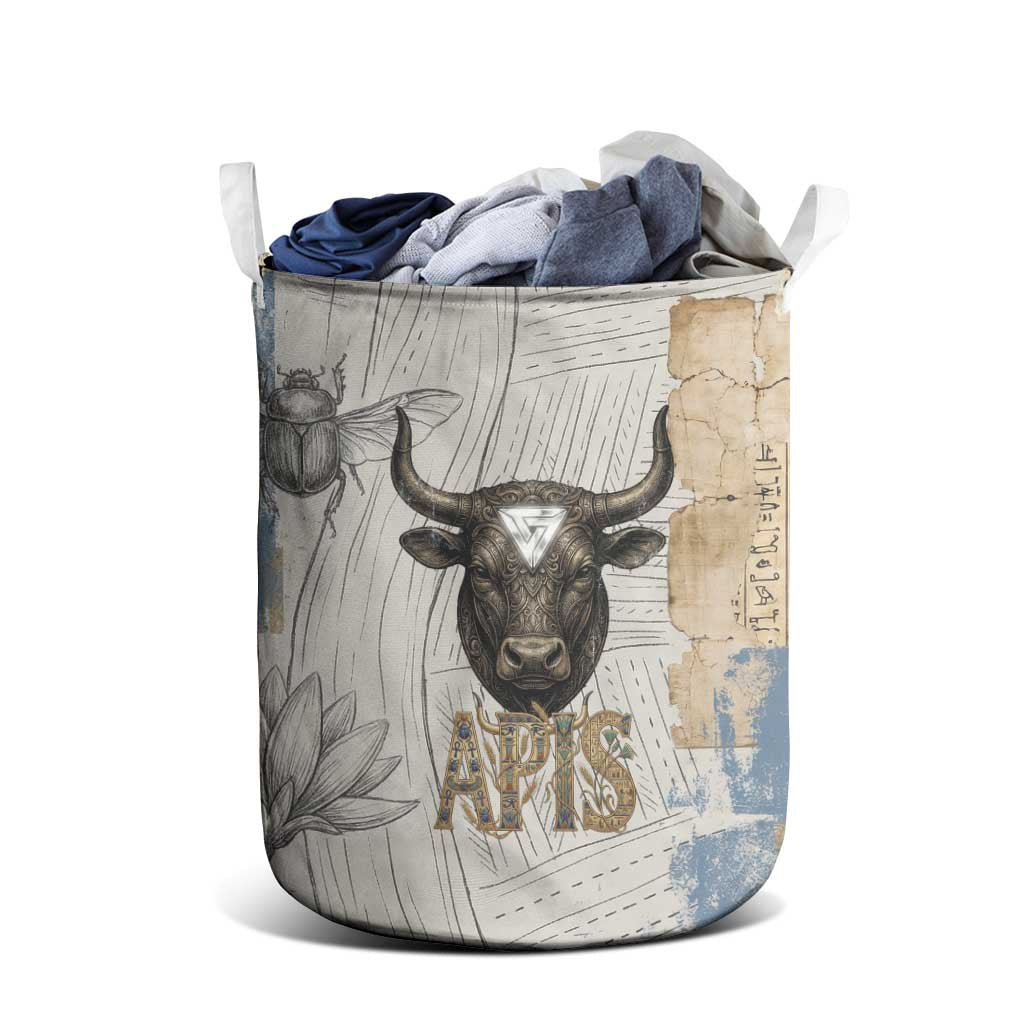 Apis Ancient Egyptian Laundry Basket with Beige-Gray Hieroglyphic, Ornate Bull Head, and Gold-Blue Typography - African Pride