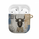 Apis Ancient Egyptian AirPods Case with Beige-Gray Hieroglyphic, Ornate Bull Head, and Gold-Blue Typography - African Pride