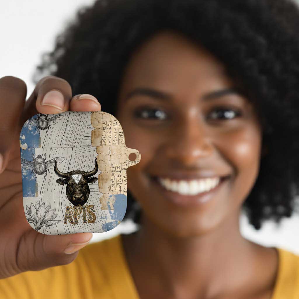 Apis Ancient Egyptian AirPods Case with Beige-Gray Hieroglyphic, Ornate Bull Head, and Gold-Blue Typography - African Pride