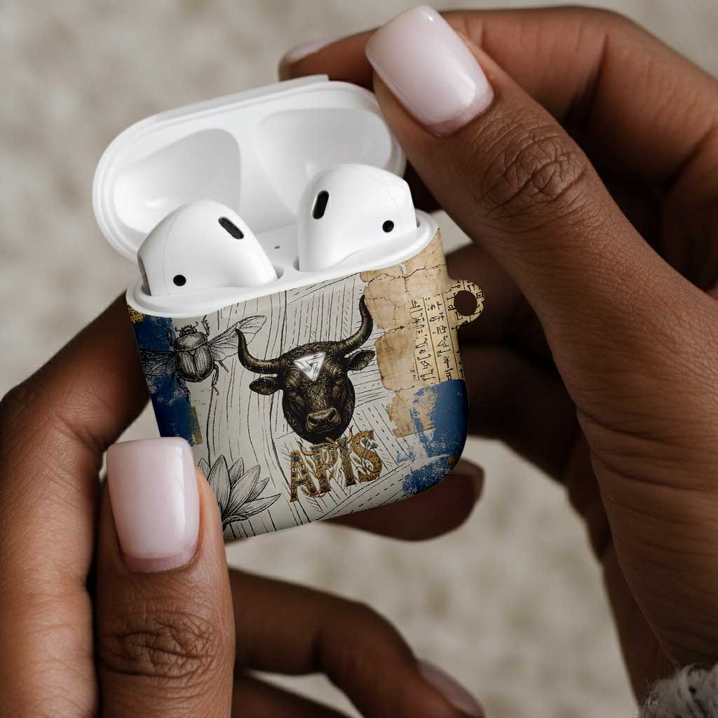 Apis Ancient Egyptian AirPods Case with Beige-Gray Hieroglyphic, Ornate Bull Head, and Gold-Blue Typography - African Pride