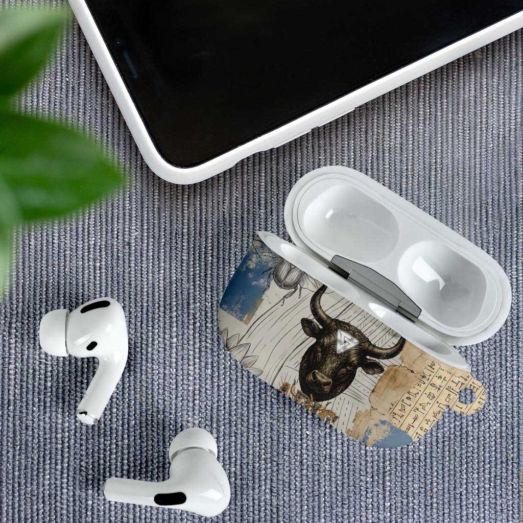 Apis Ancient Egyptian AirPods Case with Beige-Gray Hieroglyphic, Ornate Bull Head, and Gold-Blue Typography - African Pride