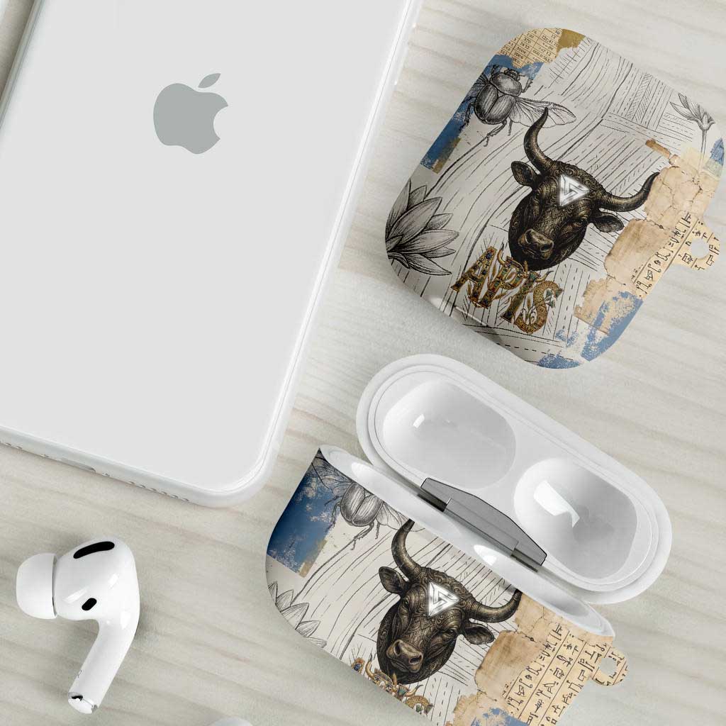 Apis Ancient Egyptian AirPods Case with Beige-Gray Hieroglyphic, Ornate Bull Head, and Gold-Blue Typography - African Pride
