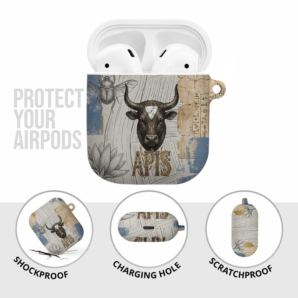 Apis Ancient Egyptian AirPods Case with Beige-Gray Hieroglyphic, Ornate Bull Head, and Gold-Blue Typography - African Pride