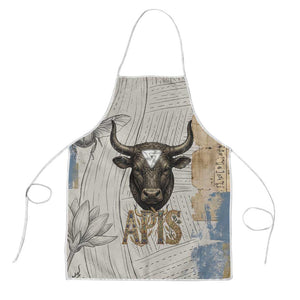 Apis Ancient Egyptian Apron with Beige-Gray Hieroglyphic, Ornate Bull Head, and Gold-Blue Typography - African Pride