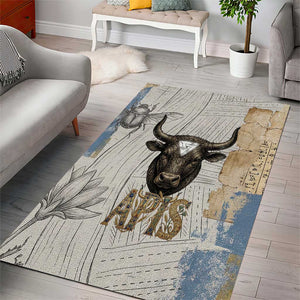 Apis Ancient Egyptian Area Rug with Beige-Gray Hieroglyphic, Ornate Bull Head, and Gold-Blue Typography - African Pride