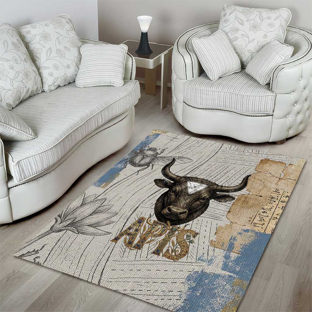 Apis Ancient Egyptian Area Rug with Beige-Gray Hieroglyphic, Ornate Bull Head, and Gold-Blue Typography - African Pride
