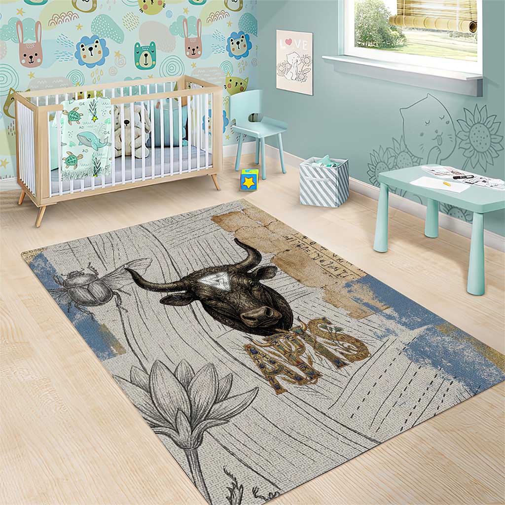 Apis Ancient Egyptian Area Rug with Beige-Gray Hieroglyphic, Ornate Bull Head, and Gold-Blue Typography - African Pride