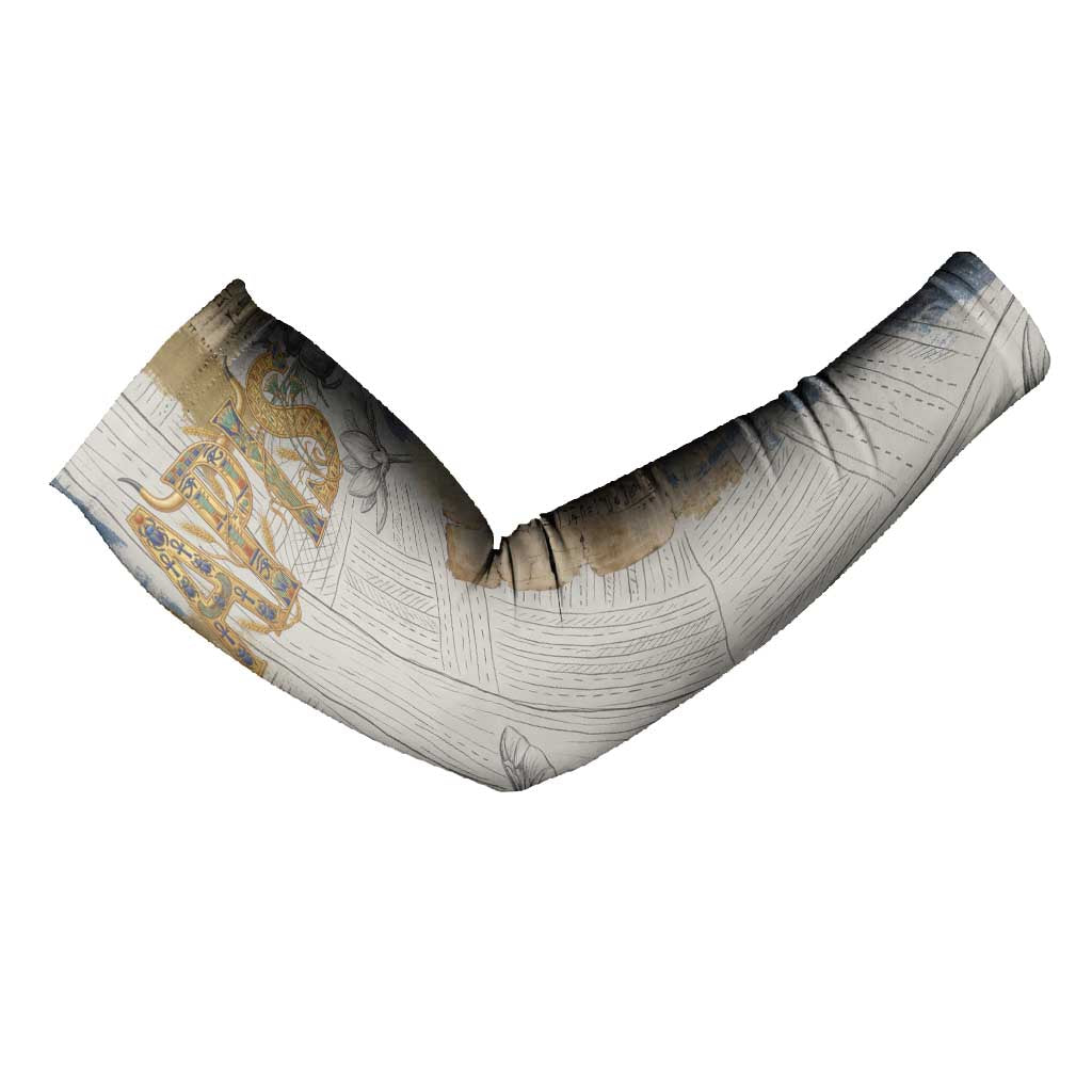 Apis Ancient Egyptian Arm Sleeves with Beige-Gray Hieroglyphic, Ornate Bull Head, and Gold-Blue Typography - African Pride