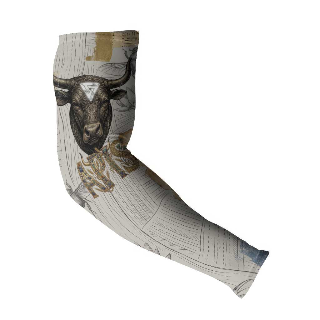 Apis Ancient Egyptian Arm Sleeves with Beige-Gray Hieroglyphic, Ornate Bull Head, and Gold-Blue Typography - African Pride