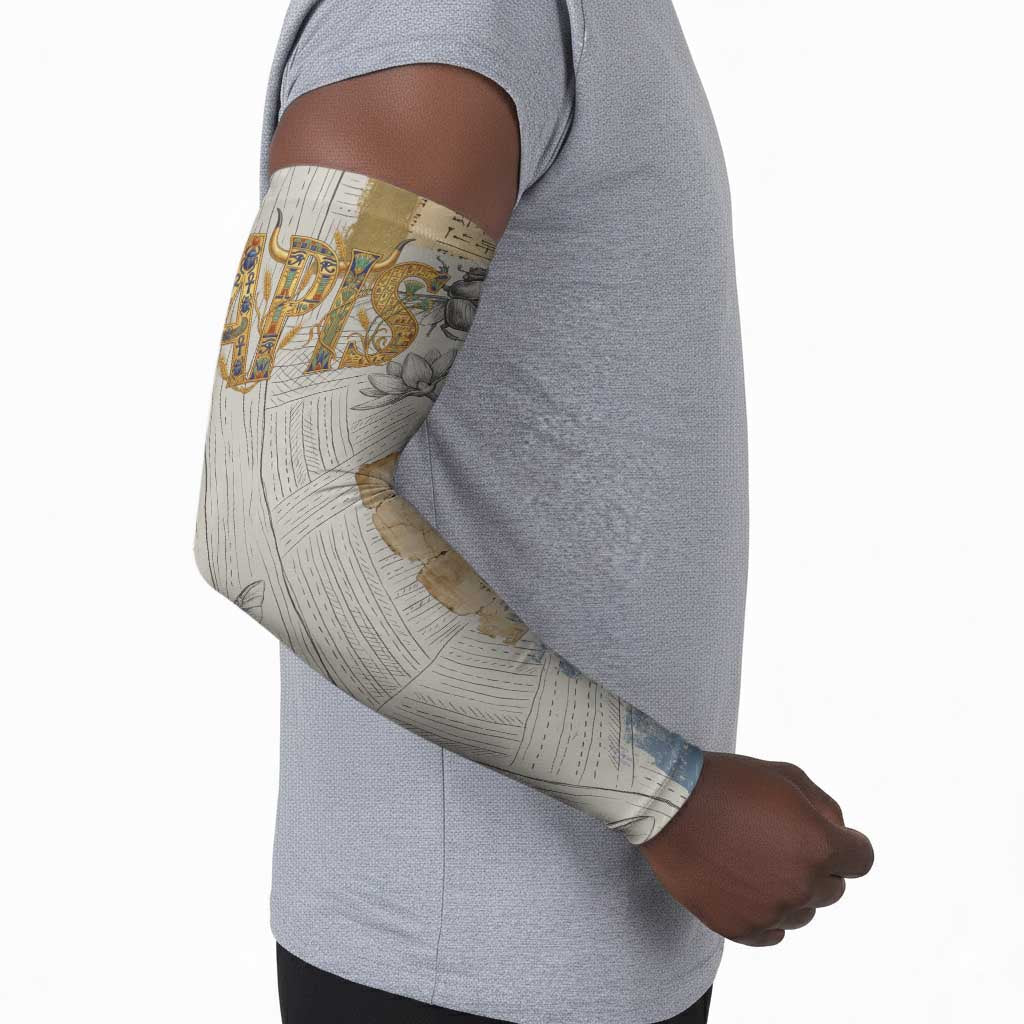Apis Ancient Egyptian Arm Sleeves with Beige-Gray Hieroglyphic, Ornate Bull Head, and Gold-Blue Typography - African Pride