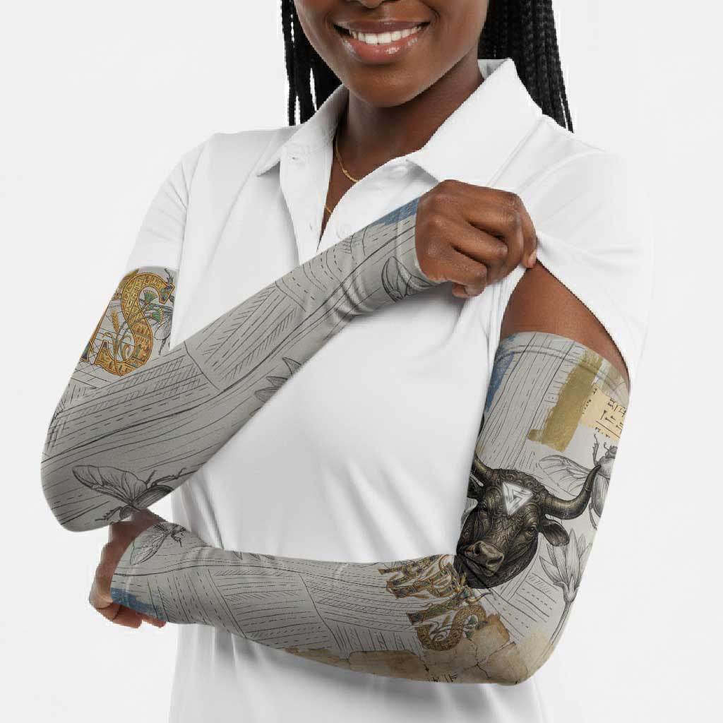 Apis Ancient Egyptian Arm Sleeves with Beige-Gray Hieroglyphic, Ornate Bull Head, and Gold-Blue Typography - African Pride