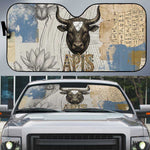 Apis Ancient Egyptian Auto Sun Shade with Beige-Gray Hieroglyphic, Ornate Bull Head, and Gold-Blue Typography - African Pride