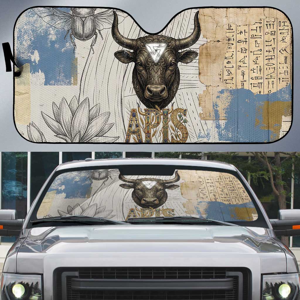 Apis Ancient Egyptian Auto Sun Shade with Beige-Gray Hieroglyphic, Ornate Bull Head, and Gold-Blue Typography - African Pride