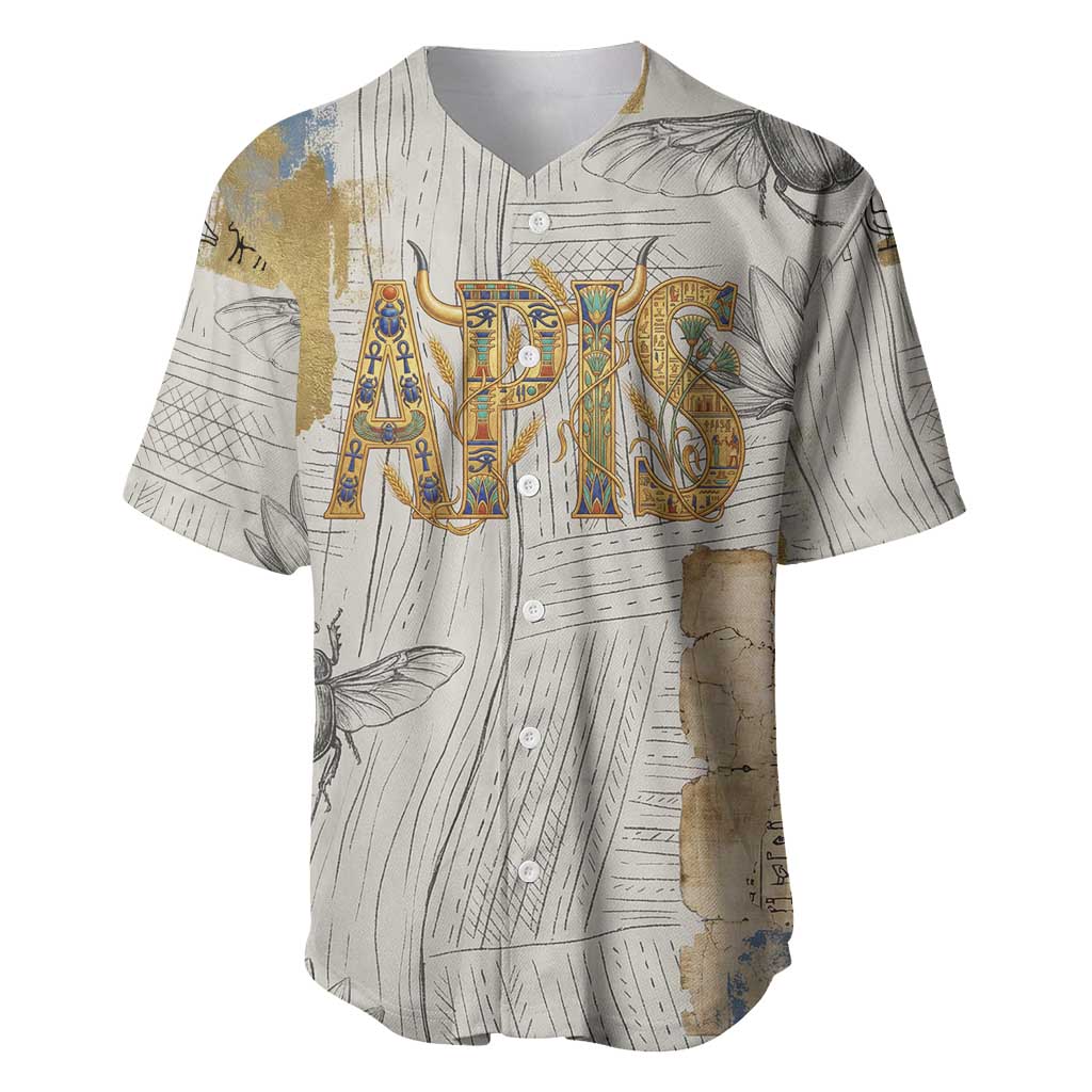 Apis Ancient Egyptian Baseball Jersey with Beige-Gray Hieroglyphic, Ornate Bull Head, and Gold-Blue Typography - African Pride