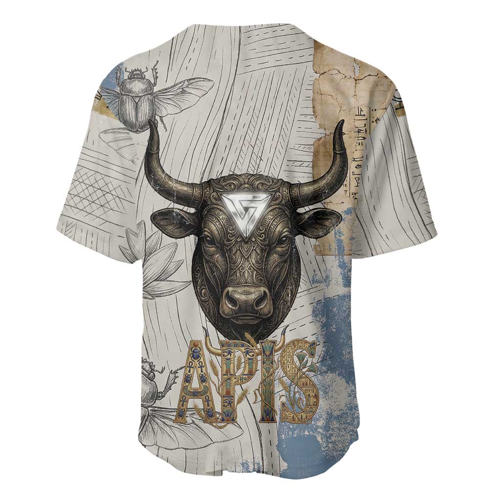 Apis Ancient Egyptian Baseball Jersey with Beige-Gray Hieroglyphic, Ornate Bull Head, and Gold-Blue Typography - African Pride