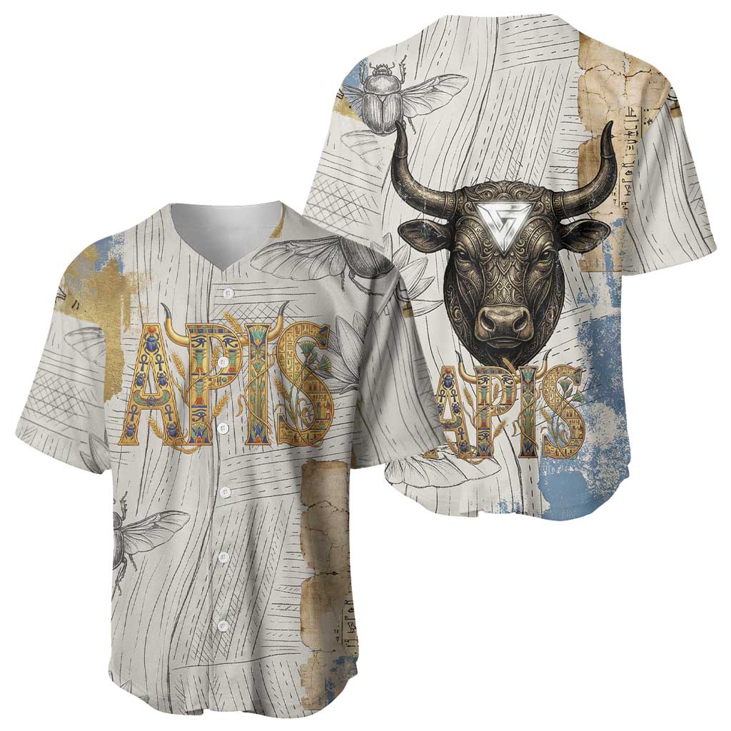Apis Ancient Egyptian Baseball Jersey with Beige-Gray Hieroglyphic, Ornate Bull Head, and Gold-Blue Typography - African Pride